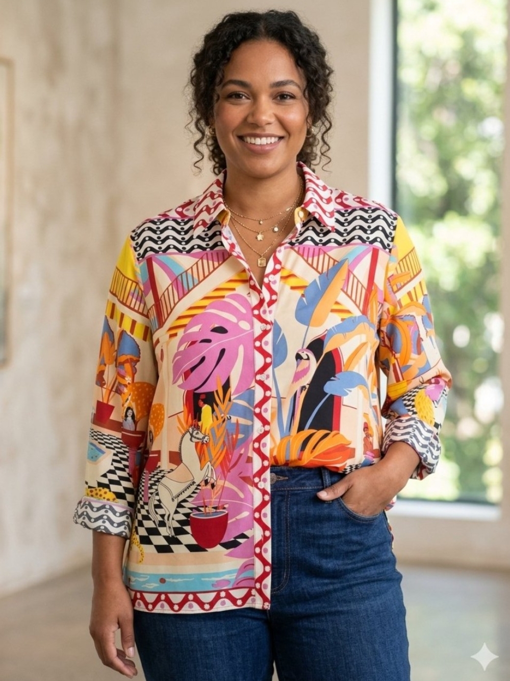 Rachel Zoe Vibrant Tropical Print Button-Front Blouse - Pink, Yellow, Blue